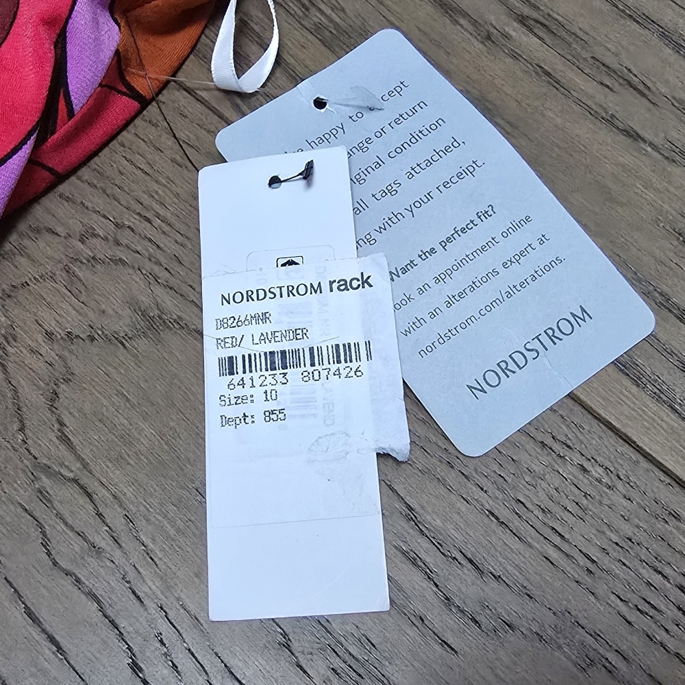 🆕️ Donna Morgan Retro Mock Neck Flare Lef Jumpsuit in Red & Lavender - Picture 11 of 11